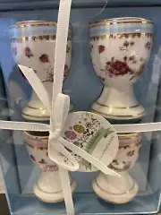Porcelain Egg Cups Bunny Boulevard Boxed Set Blue w/ Pink Roses Gold Trim NIB!