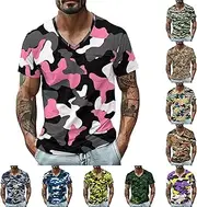 [Generic] Mens T-Shirts Camo Shirt for Men Oversized Graphic Tees V Neck Print 2025 Summer Fashion Stylish Big and Tall Tops