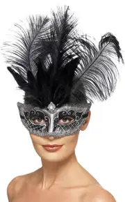 Extravagant Feather Silver and Black Glitter Masquerade Mask