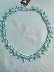 Glass Beaded Necklace Handmade Turquoise& Pearl White