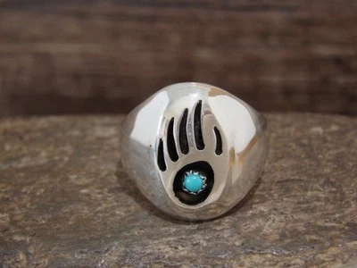 Native American Sterling Silver Turquoise Bear Paw Ring by Spencer - Size 10