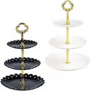 DACUAN Cake Stand for Afternoon Tea, 3 Tier Dessert Table Display Set Cupcake Tower, Cake Stand Gift Boxed, Reusable Food Serving Stand, Embossed Dessert Stand Treats Candy Station White and Black
