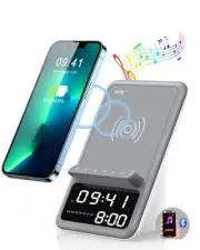 Wireless Charging Station with Bluetooth Speaker and Alarm Clock, 4 in 1