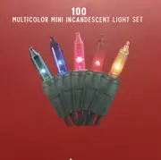 100 Christmas Lights Set Multicolor Incandescent Green Wire-End to End [b91]