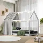Oikiture Kids Bed Frame With Single Mattress Set House Style White