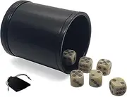 Set of (6) 16mm D6 Pearlized Dice Rounded Corners Bone Tone with Black Circles Design Pips + Dice Pouch + PU Leather Dice Cup Felt Lined Bundle