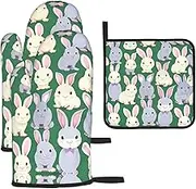 Many Bunny Cute Print Heat Resistant BBQ Gloves Oven Mitts and Pot Holders Set for Kitchen Baking Set