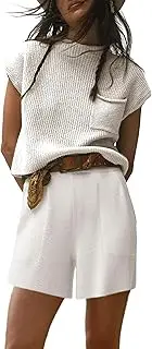 [Bianstore] Women's Two Piece Outfits Knit Sweater Set Solid Pullover Tops and Elastic Waist Short Pants Lounge Sets