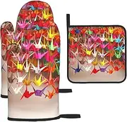 3 pcs Oven Mitts and Pot Holders Set 500°F Heat Resistant Oven Gloves and Hot Pads Kitchen Mittens Origami Paper Cranes Cooking Gloves Potholders for Baking Grilling