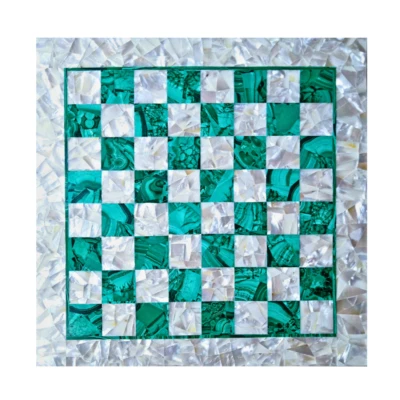 15" Malachite & White MOP Chess, Table Top Gamestone , Home Decore.