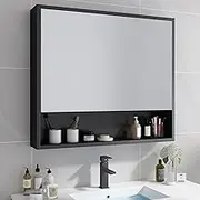 Modern Vanity Cabinet with Bathroom Mirror, Large Wall Mirror with Storage Shelves, for Makeup and Cosmetics (Black 55 x 75 x 13 cm)