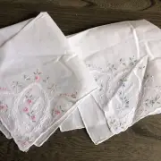 Vtg Clever Fingers 2 White Cotton Embroidered China Linen Handkerchiefs