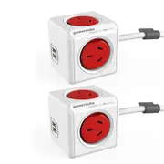 2PK PowerCube 4 Socket Mountable Power Board w/3m Cord/Dual USB Charger 240v Red