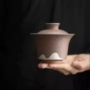 Coarse Pottery Ceramic Gaiwan with 999 Gilt Silver HandPainting Mountain 170ml