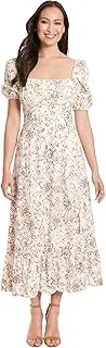 [London Times] Women's Square Neck Smocked Back Linen Blend Flattering Versatile Spring Summer Garden Party Dress, Ivory/Birchwood, 10 Petite