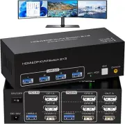 KVM Switch 3 Monitors 2 Computers 8K 60Hz 4K 120Hz, HDMI+2 Displayport,and 4 USB