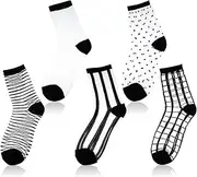 [Ymapinc] 5Pairs Sheer Socks Women Ankle Thin Fishnet Glass Mesh Socks for Women（ Spotted，Plaid，Pure Transparent，Horizontal Stripes，Vertical Stripes）, black white, One Size