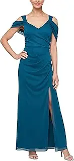 [Alex Evenings] Women's Long Cold Shoulder Mother of The Bride Dress with Beaded Detail at Hip, (Petite and Regular Sizes)