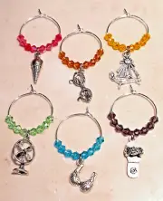 Set of 6 - SILVER Wine Glass STEM CHARMS - Summer Beach Party - NEW