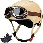 PU Leather Helmets Vintage Open Face Motorcycle Helmet with Goggles - Motorcycle Helmets for Men and Women Retro Jet Helmet,ECE Approved A,(54-61CM)