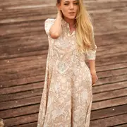 Dreams of Cream 100% Cotton Maxi Dress – Hand-Screen Printed Floral Design, S/M & L/XL, Boho Style