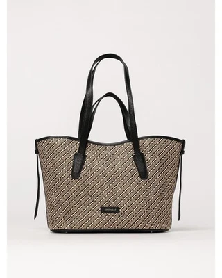 Coccinelle Raffia Tote Diagonal Stripe Design Women Black Shoulder Bags