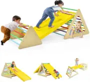 HONEY JOY 3 in 1 Triangle Climber with Ramp, Wooden Climbing Toys for Toddler...
