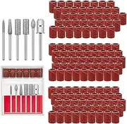 300 Pieces Sanding Bands with 6 Nail Drill Grinding Head Bits File Sand Replacement Pieces Grit Sleeves for Nail Drill Manicure Tool Set Kit Polish Removal, 80 120 180 Grits (Brown)