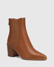 Poliana Dark Cognac Leather Block Heel Ankle Boot