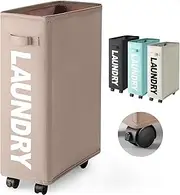 Rieeyrslza Rolling Slim Laundry Basket 43L Oxford Cloth Laundry Hamper with Wheels Slimline Narrow Corner Laundry Sorter Collapsible Dirty Clothes Basket Foldable Corner Storage Bins (Khaki)