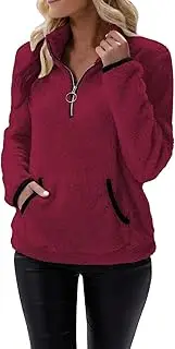 [Generic] Color Tunic Top Pullover Zipper Wool Loose Tops with Pockets Fashion Hoodies Women