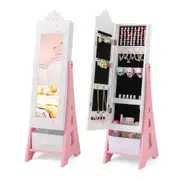 Costway Jewelry Armoire Cabinet Free-Standing Full Length Mirror w/2 Tilt Angles & Fabric Drawer