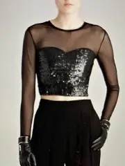 REISS CALISTA SEQUINS MESH TOP BLACK NEW Size S
