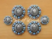 Air Blue Opal Antique Silver Round Berry Horseshoe Saddle Concho Set Horse Tack