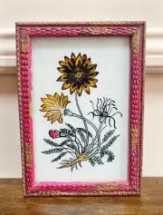 Vintage Indian Reverse Glass Painting, Yellow Flower Pink Frame Gallery Wall Art