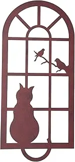 Cat Metal Wall Art Outdoor 22 Inch Bird and Cat Garden Distressed Window Statues, Metal Wall Decor with Frame, Iron Animal Garden Wall Ornament for Home Yard Front Door 56cm