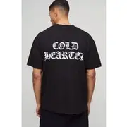 Mens Black Oversized Extended Neck Cold Hearted Graphic T-Shirt