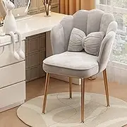 Bedroom Petal Chair with Backrest, Dressing Table Stool, Comfortable Upholstered Makeup Chair, Non-slip Footrest Design, Free Cushion, Suitable for Bedroom, Living Room(Light Gray Gold Bracket