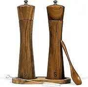 Salt and Pepper Grinder Set, Acacia Wood Adjustable Coarseness Pepper Mill with Wooden Stand, Cleaning Brush & Spoon, Pepper Grinder Refillable, 2 Pack Salt and Pepper Shakers, 8.5 Inches