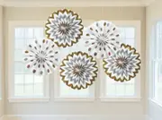 Mix Metallic Gold & Silver Printed Paper Fan Decorations 5pk