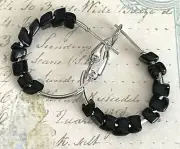 Jet Black Chips and Silver Lever Back Hoop Earrings. Light Weight, Fun to Wear
