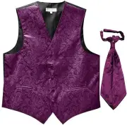 New Men's Paisley Tuxedo Vest Waistcoat & Ascot Cravat Wedding Formal Purple