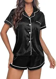 [SISKIN] Silk Pajamas for Women - Short Sleeve Sleepwear Soft Satin Button Down Loungewear 2 Piece Pjs Shorts Set S-XXL