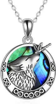 Wolf and Dragonfly Necklace Sterling Silver Pendant Abalone Shell Jewelry Gifts
