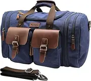 [Wildroad] 50L Travel Duffel Bag, Expandable Canvas Genuine Leather Duffle Bag Upgraded Overnight Weekender Bag Carry on Bag, Blue, X Large-60L, Classic
