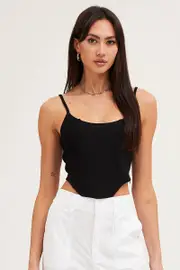 Black Rib Singlet Round Neck - Size M, Women's Singlet