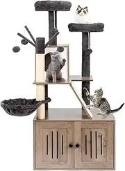 Bonnlo Large Cat Tree with Litter Box, All-in-1 Wooden Cat Tower, 53“ Height Houses for Indoor Cats, Kittens Condo wih Scratching Posts, Hidden Cat Washroom Furniture