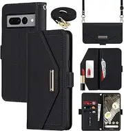 Cavor Crossbody Wallet Case for Google Pixel 7 Pro Case (6.7") Flip Cover Magnetic Leather Women Handbag Card Slots Holder Zipper Kickstand Purse with Detachable Shoulder Necklace Lanyard Strap-Black