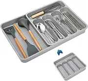 FOREVERIE Extendable Kitchen Utensils Drawer Storage Organiser, 5 Compartments Deep Cutlery Tray Holder for Silverware, Flatware, Knives, Spoons and Forks, Grey