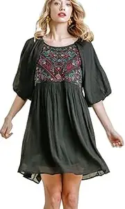 [Umgee] Women's Floral Embroidered Keyhole Balloon Sleeve Dress